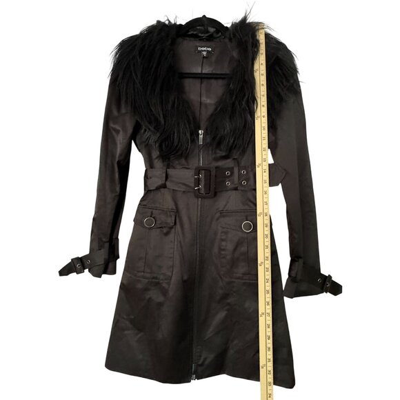 Bebe Black Trench Coat Real Fur Trim Collar Designer Zipper Belt Size XS - Picture 9 of 14